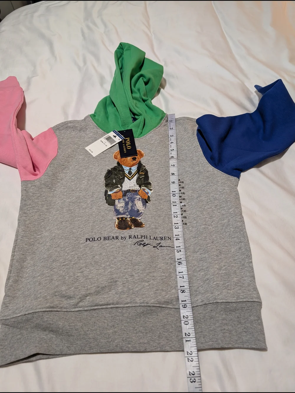Polo Ralph Lauren Boy's Hoodie - Grey Body with Pink & Blue Sleeves, Green Hood